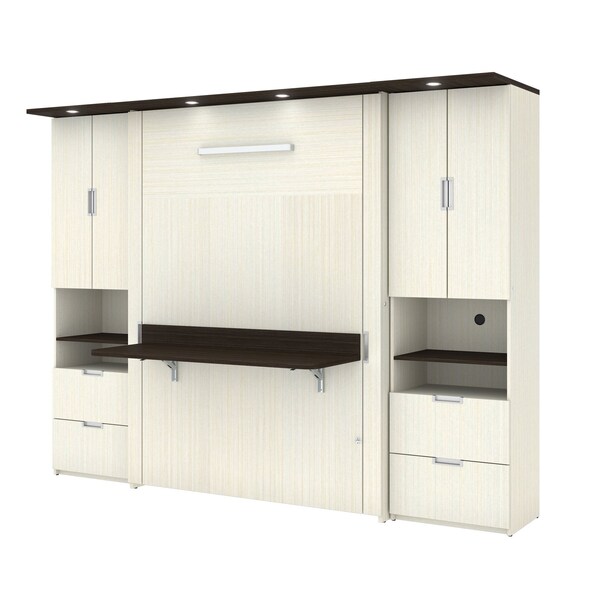 Lumina Full Murphy Bed with Desk and 2 Storage Cabinets (107W), White Chocolate